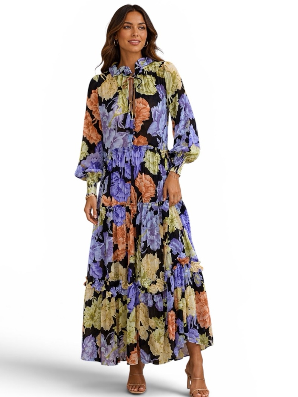 Anthropologie The Marais Printed Chiffon Maxi Dress Tiered Ruffle Tassels Sz XS